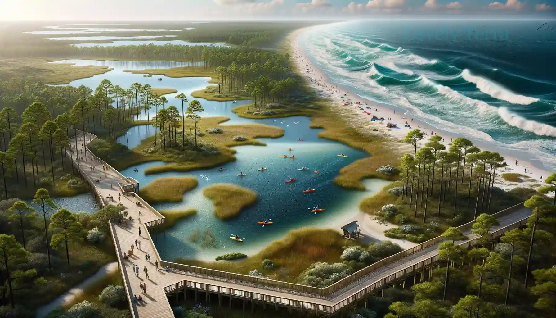 High-fidelity depiction of Camp Helen State Park with a focus on its diverse ecosystem