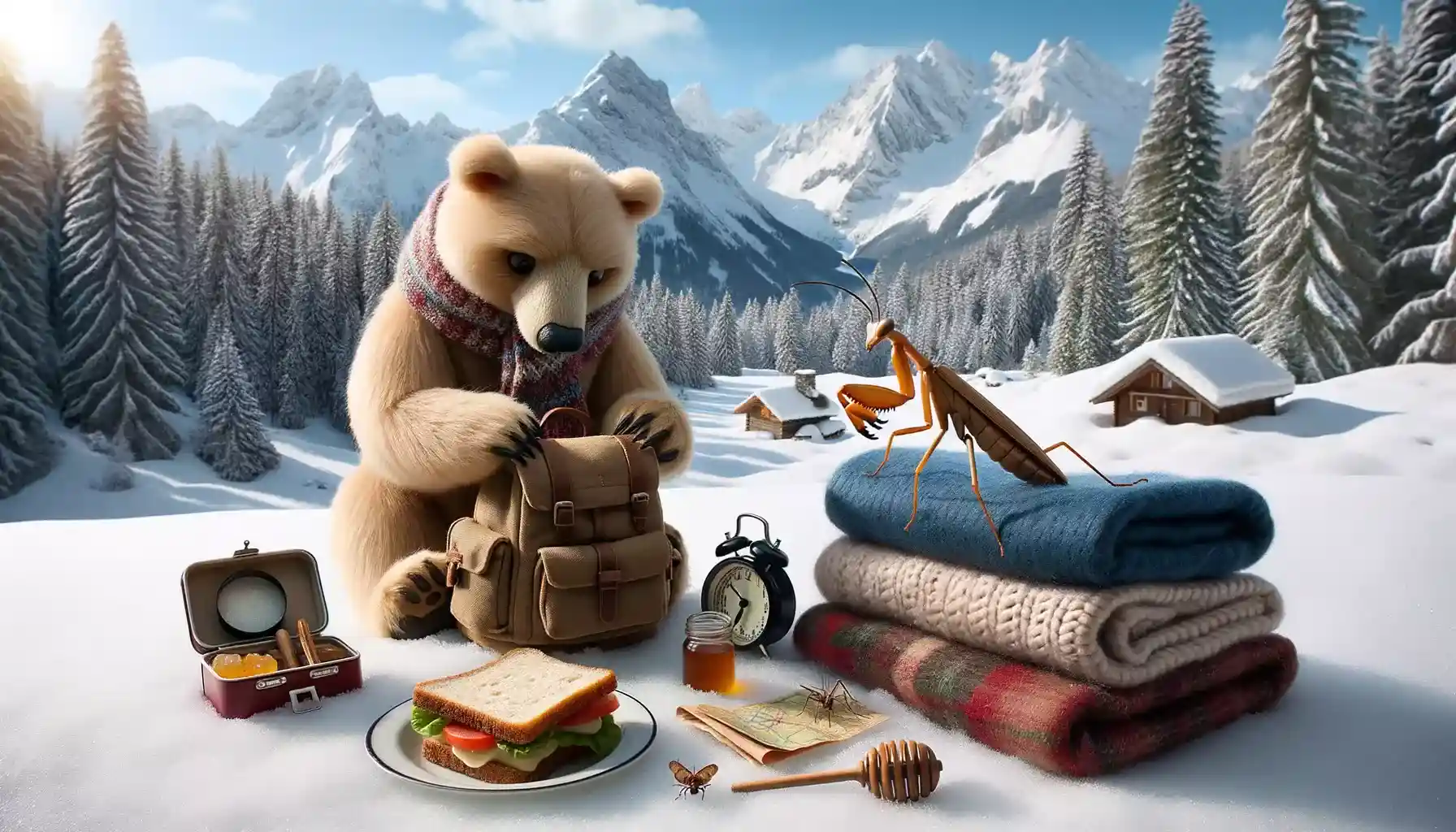 Bruno the bear, wearing a winter scarf, is seen packing his big backpack