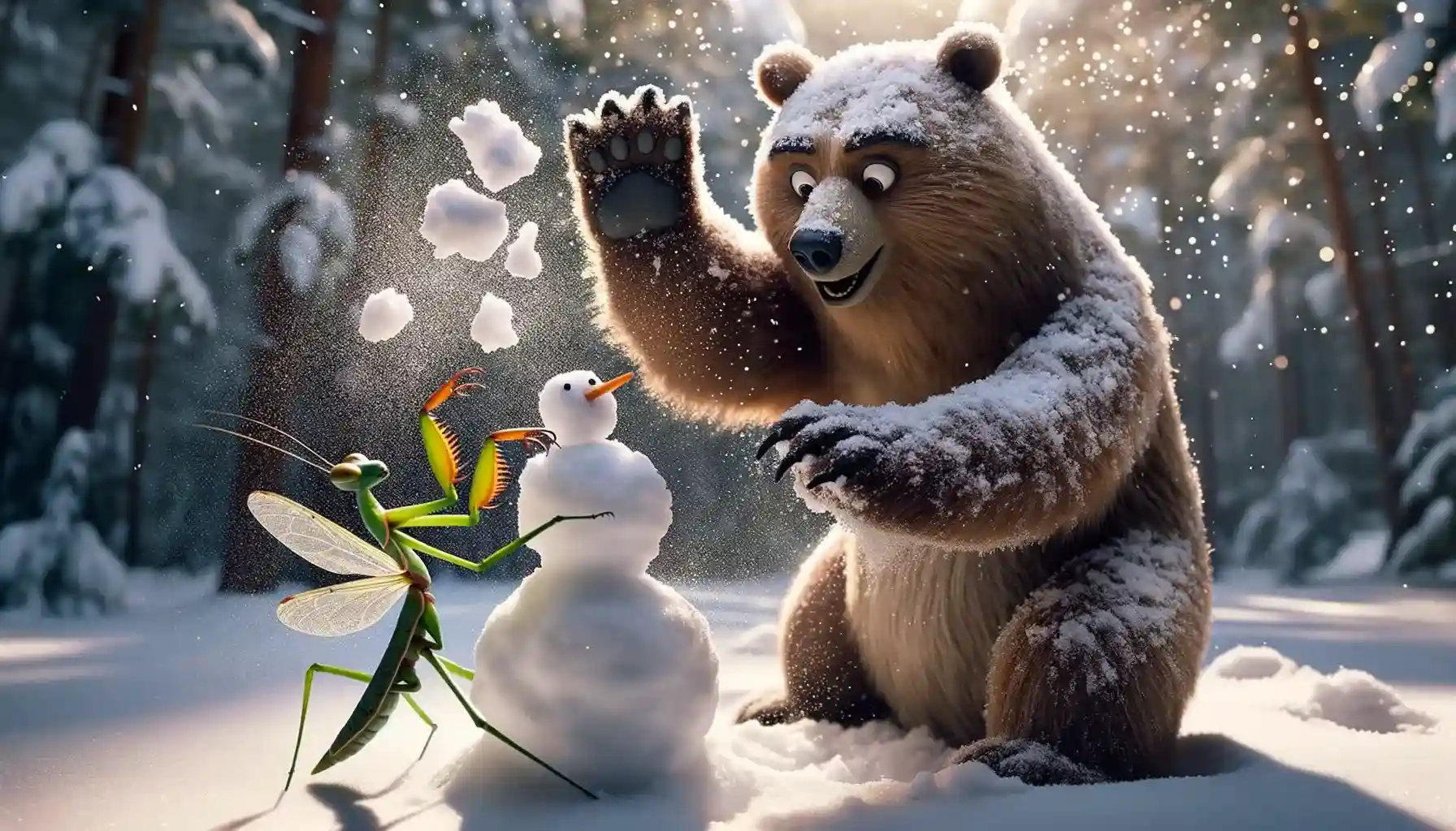 Bruno the bear playfully tosses a handful of snow at Maya the praying mantis