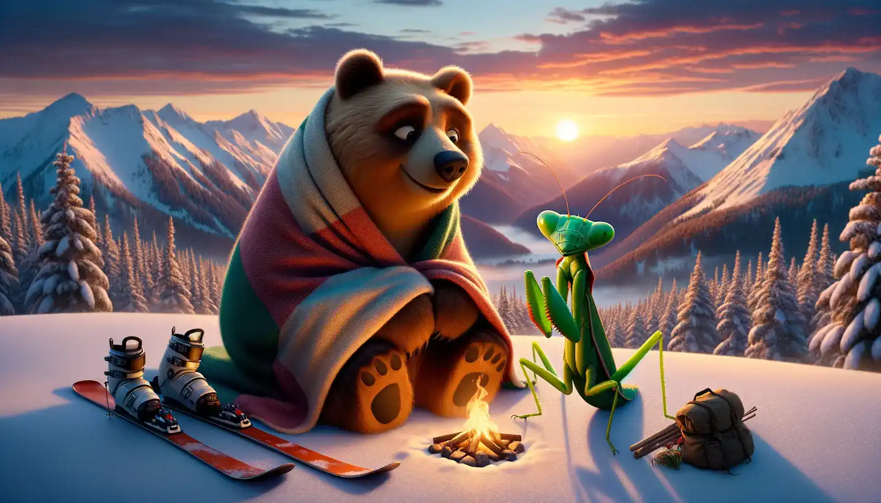 Bruno the bear wraps a warm blanket around himself and Maya the praying mantis, as they sit side by side, watching the sunset